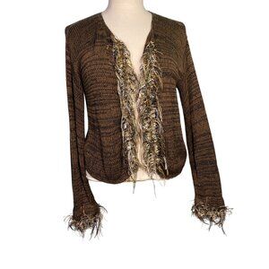 Vintage Rico Womens Knit Cardigan Sweater Brown Fringed Hem sleeve fringe Medium